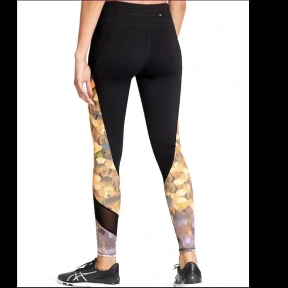 Athleta Asym Mesh Sonar Tight Leggings Pants Women’s Size XS Black Gold Silver - Picture 2 of 14